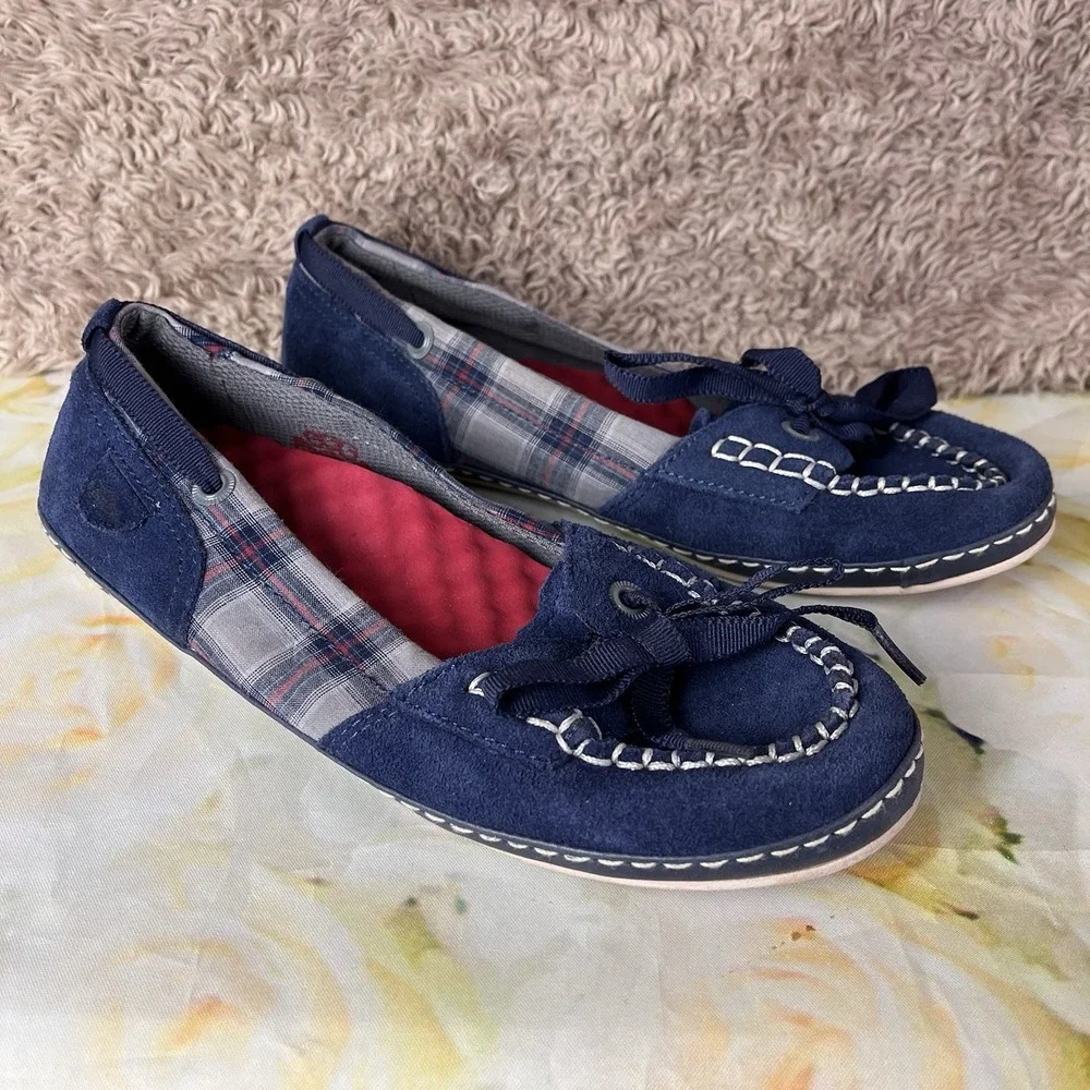 Simple Shoes Suede Womens Size 8 Loafers Moccasin Style Plaid Design Egg Crate